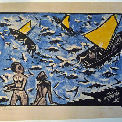 Hubert Rther, Am Meer, 1920, Holzschnitt, coloriert, Privatbesitz