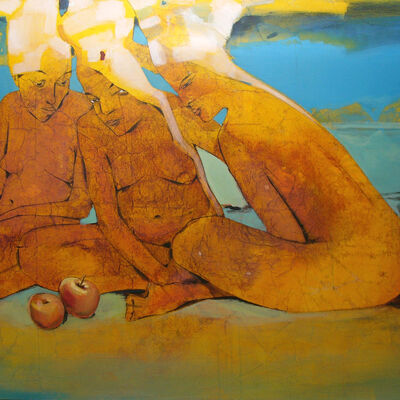 Gudrun Trendafilov, Drei Frauen zwei �pfel, 2005, Mischtechnik und Collage auf Leinwand, Privatbesitz
