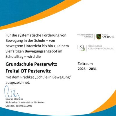 Urkunde zum Pr&auml;dikat "Schule in Bewegung"