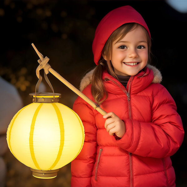 Kind in roter Jacke und M&uuml;tze mit gelbem Lampion