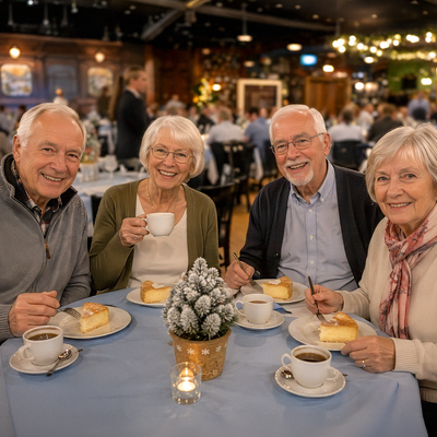 Vier Senioren sitzen an einem runden Tisch bei Kaffee und Kuchen.